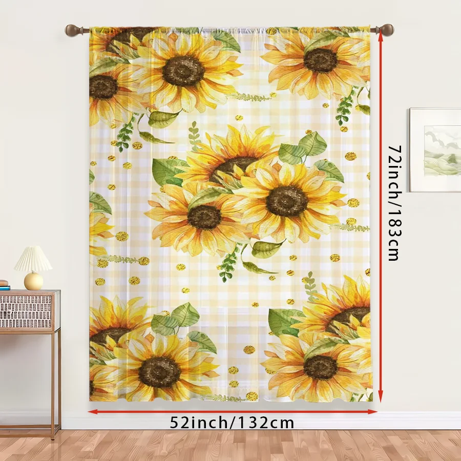 1PC Sheer Curtain Sunflower Yellow Gingham Plaid Print, Rod Pocket Window Curtain for Living Room Farmhouse Decor
