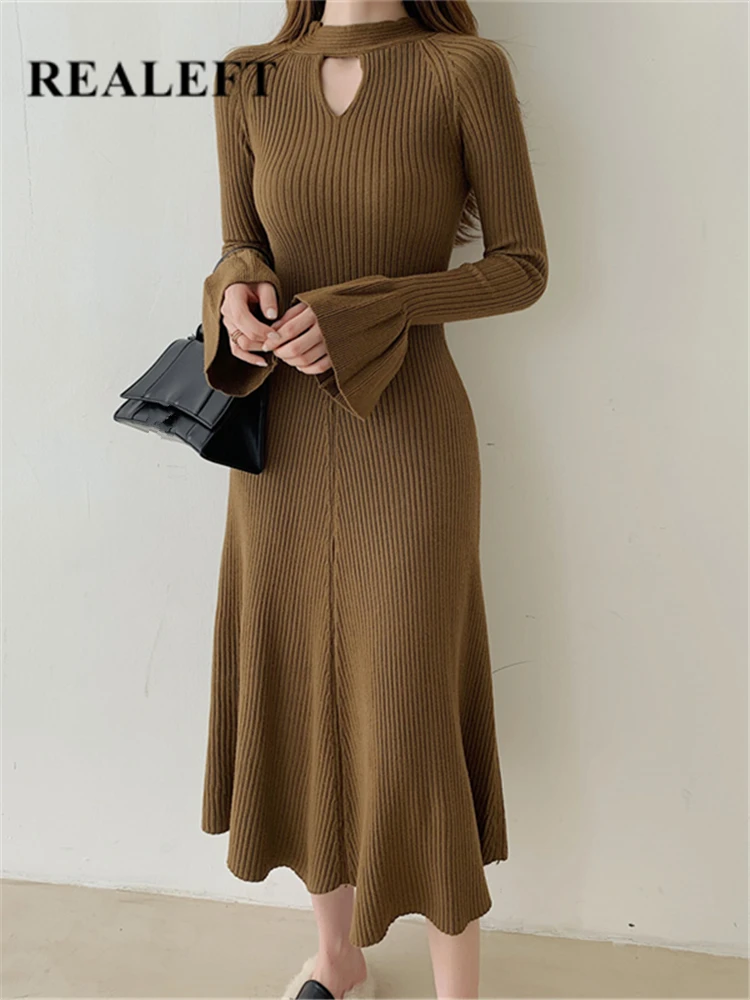 

REALEFT Autumn Winter Petal Sleeve Knitted Women's Dresses Solid O-Neck Long Sleeve Ladies Knitwear Midi Dress Female 2022 New