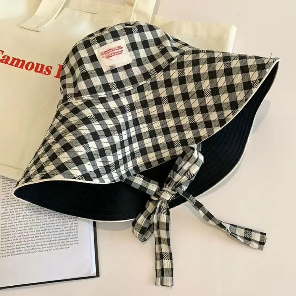 Fashion Summer Plaid Bucket Cap Tie Strap Wide Brim Sunscreen Hat Two-sided Sweet Fisherman Caps Travel