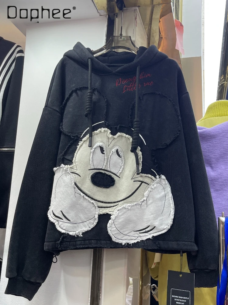 

2025 Winter New Loose Short Oversized Fleece Sweatshirt Women Heavy-duty Retro Cartoon Hooded Coat Sweatshirt Hoodie