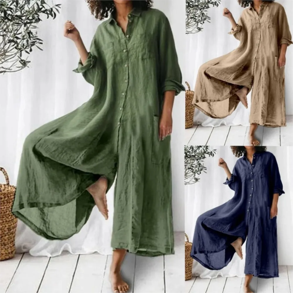 Cotton Linen Wide Leg Pants Women\'s Jumpsuits Casual Long Sleeve Solid Color Button Loose Jumpsuit For Women 2024 Spring Summer