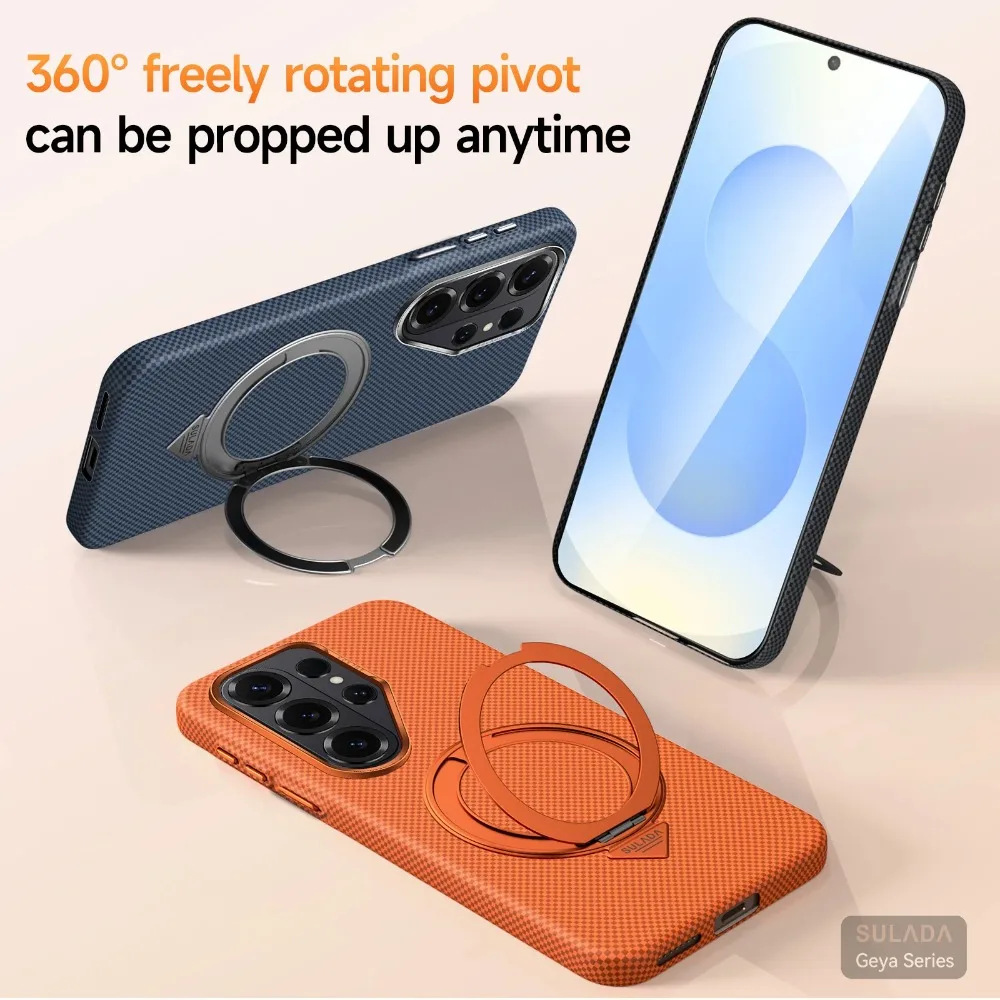 

Business Sle Carbon Fiber Kevlar Pattern 360° Rotatable Holder Phone Shell For Samsung S26 Ultra Plus Slim Drop-Proof Back Cover