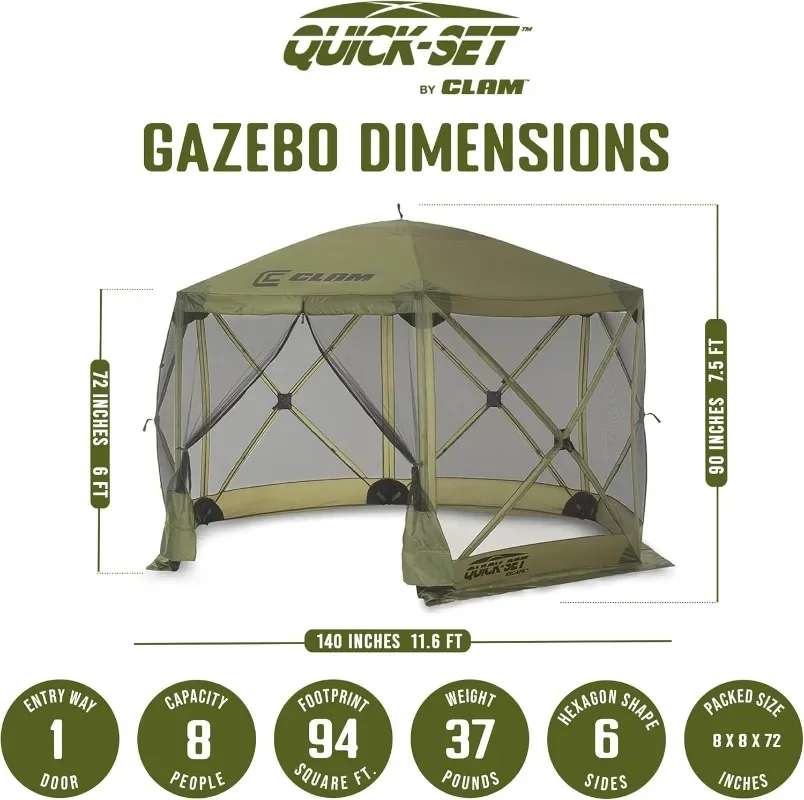 CLAM Escape 11.5' Pop-Up Screen Tent – Green Outdoor Camping Gazebo Canopy with No-See-Um Mesh, Carry Bag & Stakes – 6-Sided