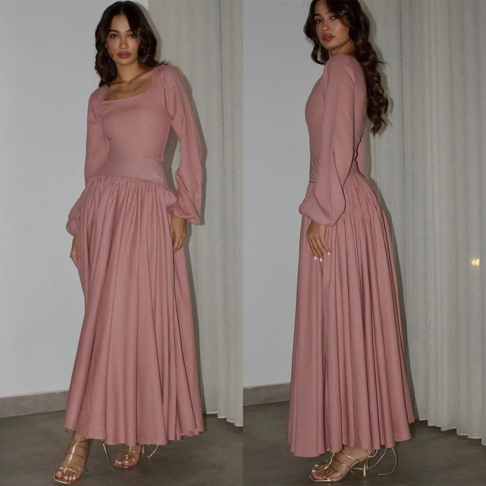 사용자 정의 럭셔리 저지 이브닝 드레스 섬세한 스퀘어 칼라 댄스 파티 드레스 기질 긴 소매 특별 행사 가운