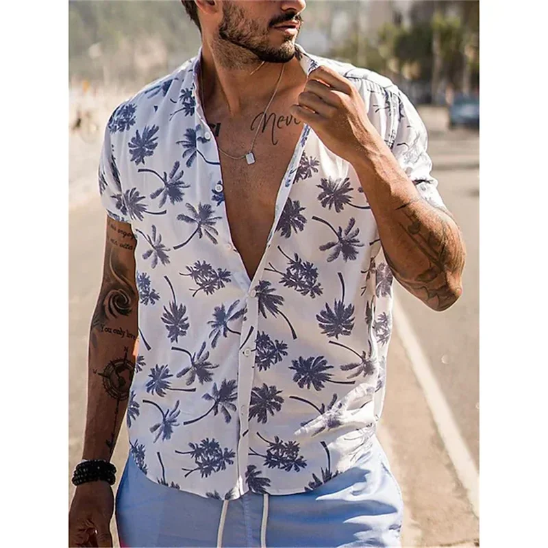 Fashion new men\'s shirt Hawaiian shirt geometric print Cuba collar white Hawaiian short sleeve plus size high quality coat