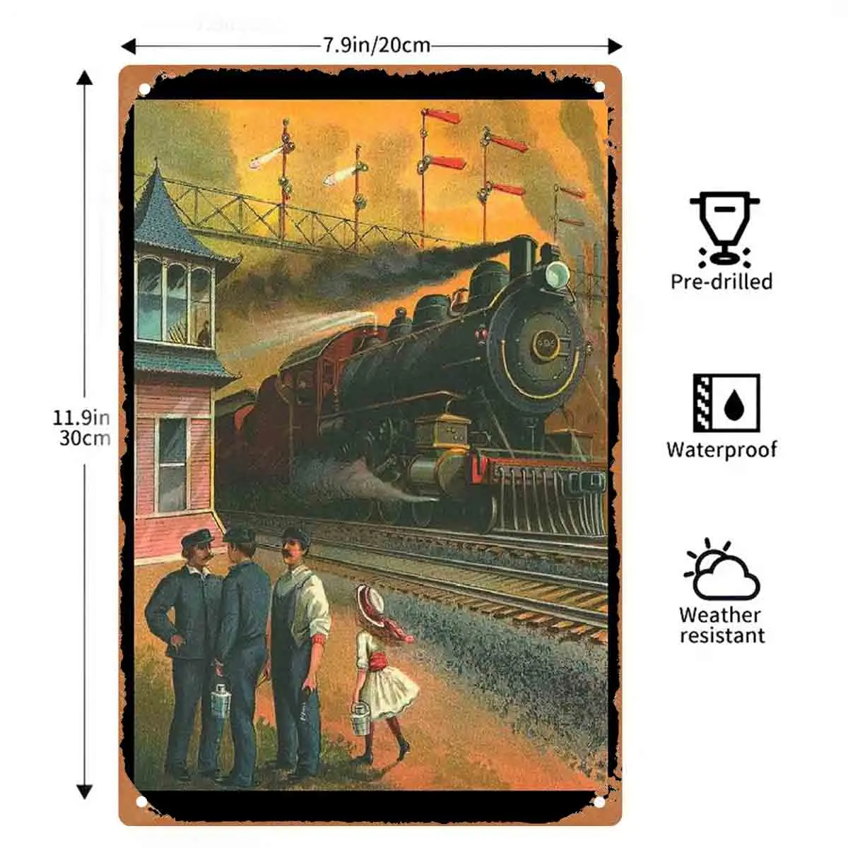 2D FLAT 1pc Vintage Steam Train Station Scene Metal Wall Sign Decoration for Home Cafe Garage Bedroom Porch And Garden