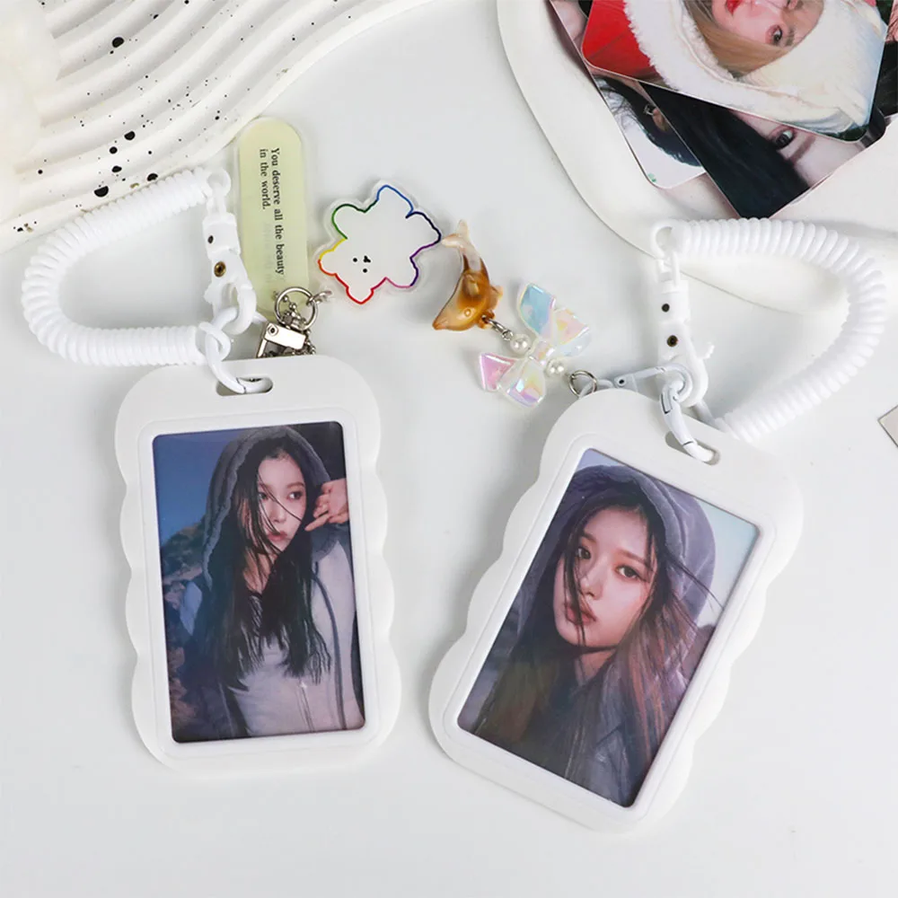 3 Inch White Photocard Holder Slide Anti-lost Keychain Card Case Idol Photo Card Holder Studnet ID Bus Cards Sleeves Stationery