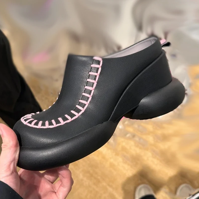

Round Toe Chunky Heels Half Slippers Platform Sewing Pink Sewing Black Leather Sweet Fashion Women Summer Runway Rubber Shoes