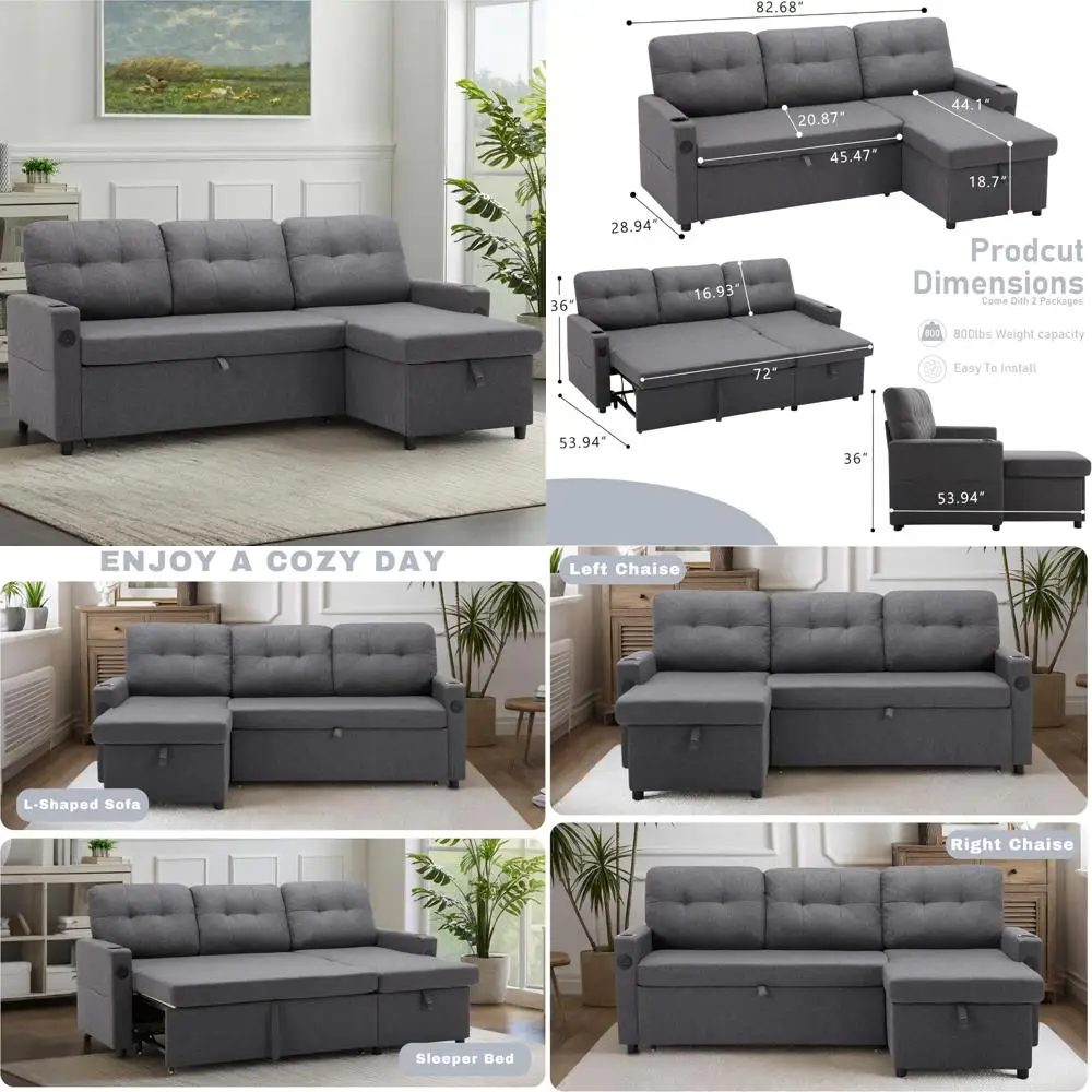 أريكة نوم حديثة على شكل حرف L مع سرير قابل للسحب، وأريكة منجدة، ومنفذ USB، وجيوب جانبية لراحة غرفة المعيشة