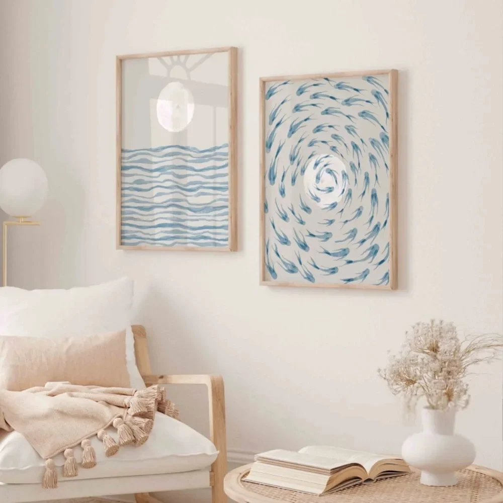 2pcs Frameless,2D Flat ,A Set of 2 Abstract Landscape Blue Ocean Sketches, Waves, Bohemian Style Home Decor, Children's Room Dec