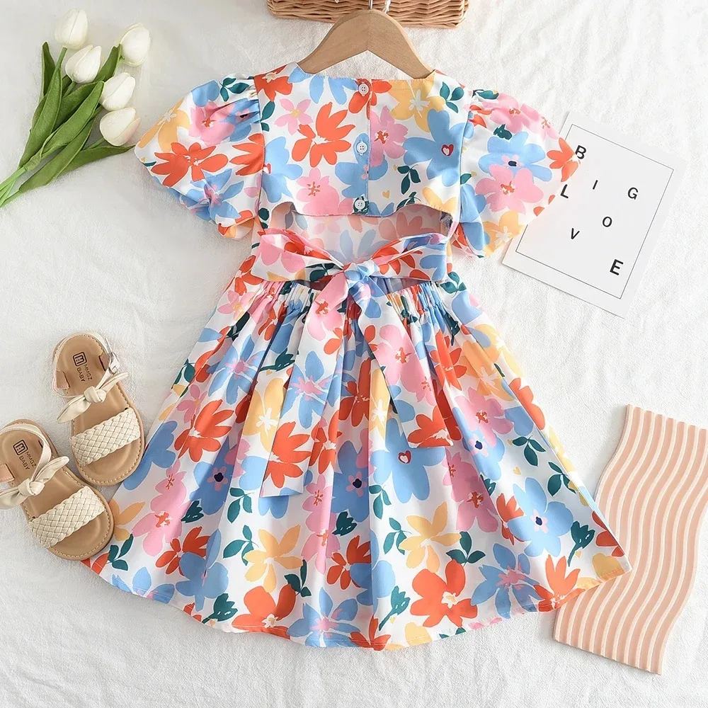 3-7 Years Old Kids Clothes Fashion and Sweet Flower Print Girls' Dresses Summer New Leisure Vacation Short Sleeved Hollow Dress