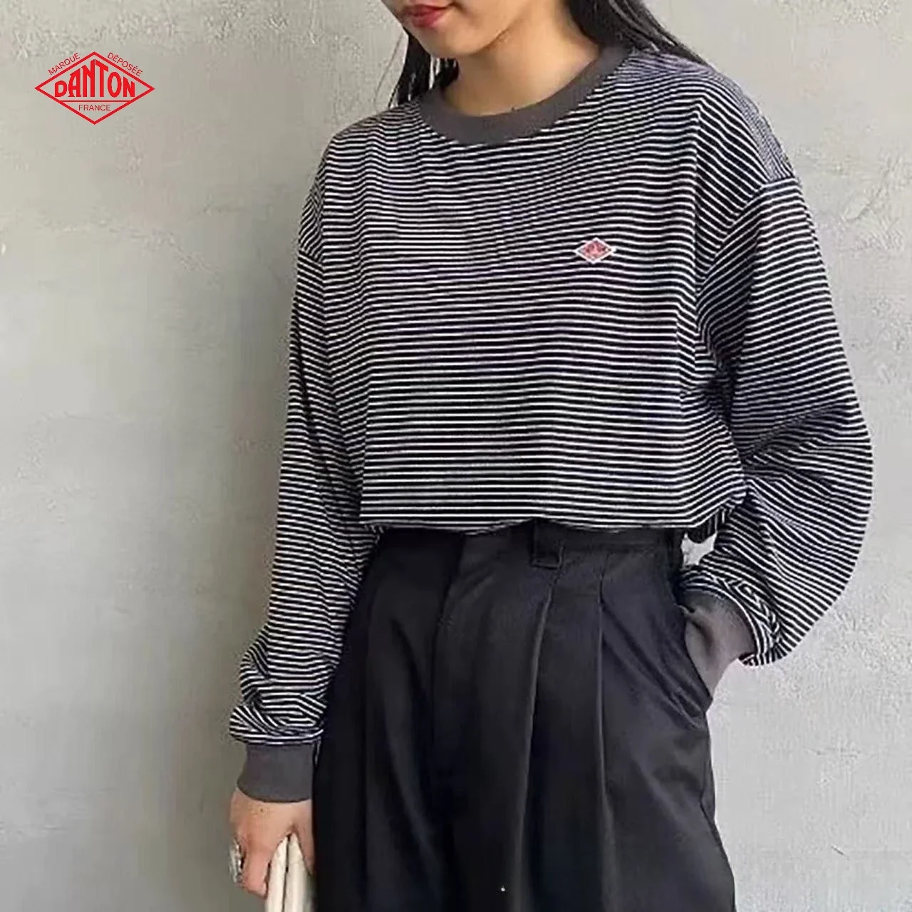 DANTON Unisex Vintage Contrast Striped Long Sleeve Sweatshirt,Japanese Loose Fit Casual Pullover Daily Wear Top
