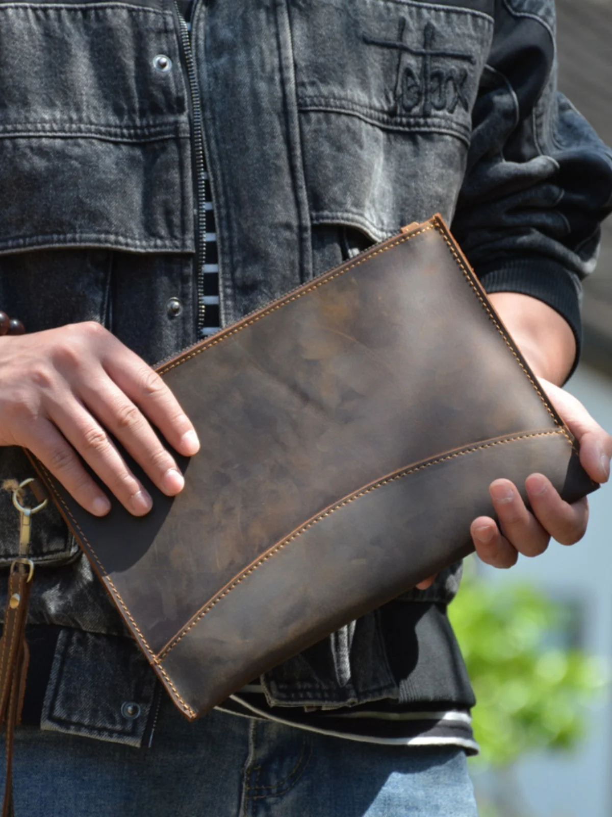 

Vintage high-quality crazy horse cowhide men's clutch bag simple casual outdoor handmade genuine leather mobile phone wallet