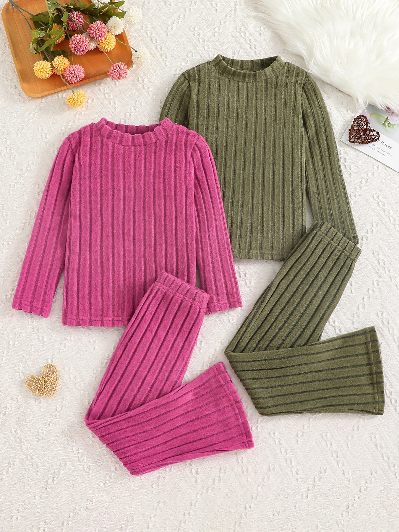 Children's Spring and Autumn Girls' Set - Rose Red+Green Round Neck Knitted Top+Knitted Straight Pants