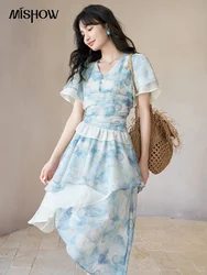 MISHOW [Van Gogh Collection] Fairycore Dresses 2023 Summer Double Layer Sleeves Asymmetrical V-Neck Printing Dress MXC39L1527