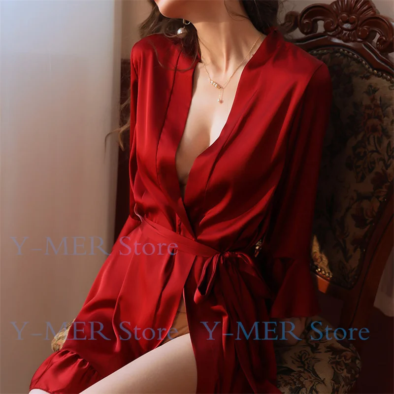 Elegant Robe Women Sexy Pink Kimono Ruffles Sleeve Nightwear Soft Rayon Home Dressing Gown Lady Leisure Intimate Lingerie