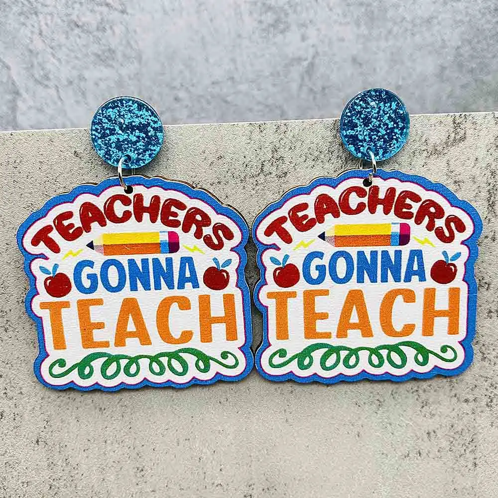 New Wooden Teacher Student Earrings Rainbow Apple Book Leopard Pattern Earrings for Women Jewelry Gifts