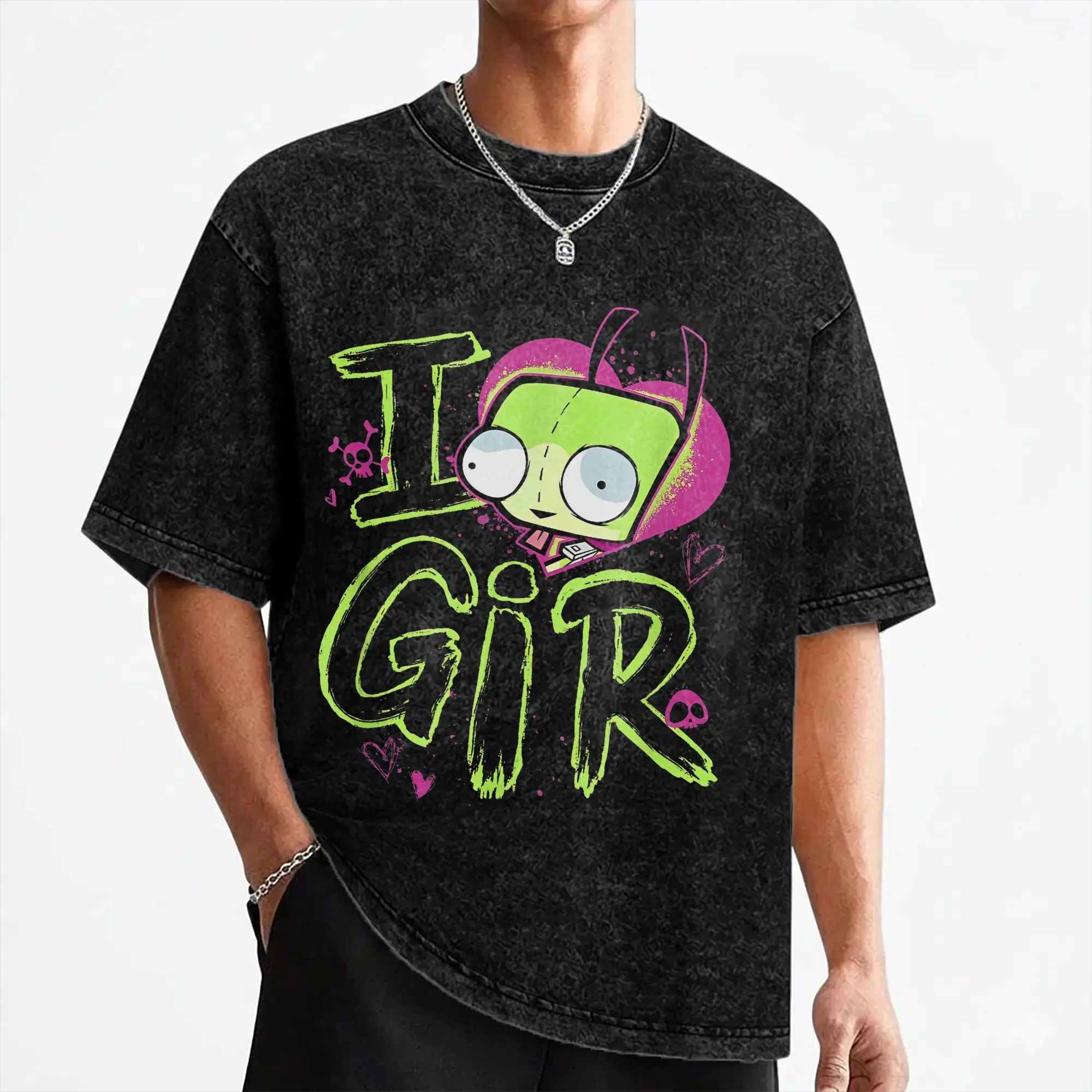 Cartoon Invaders Zim Gir Washed T Shirts Streetwear Vintage T-Shirt  Tee Shirt for Men Women 100% Cotton Harajuku Graphic