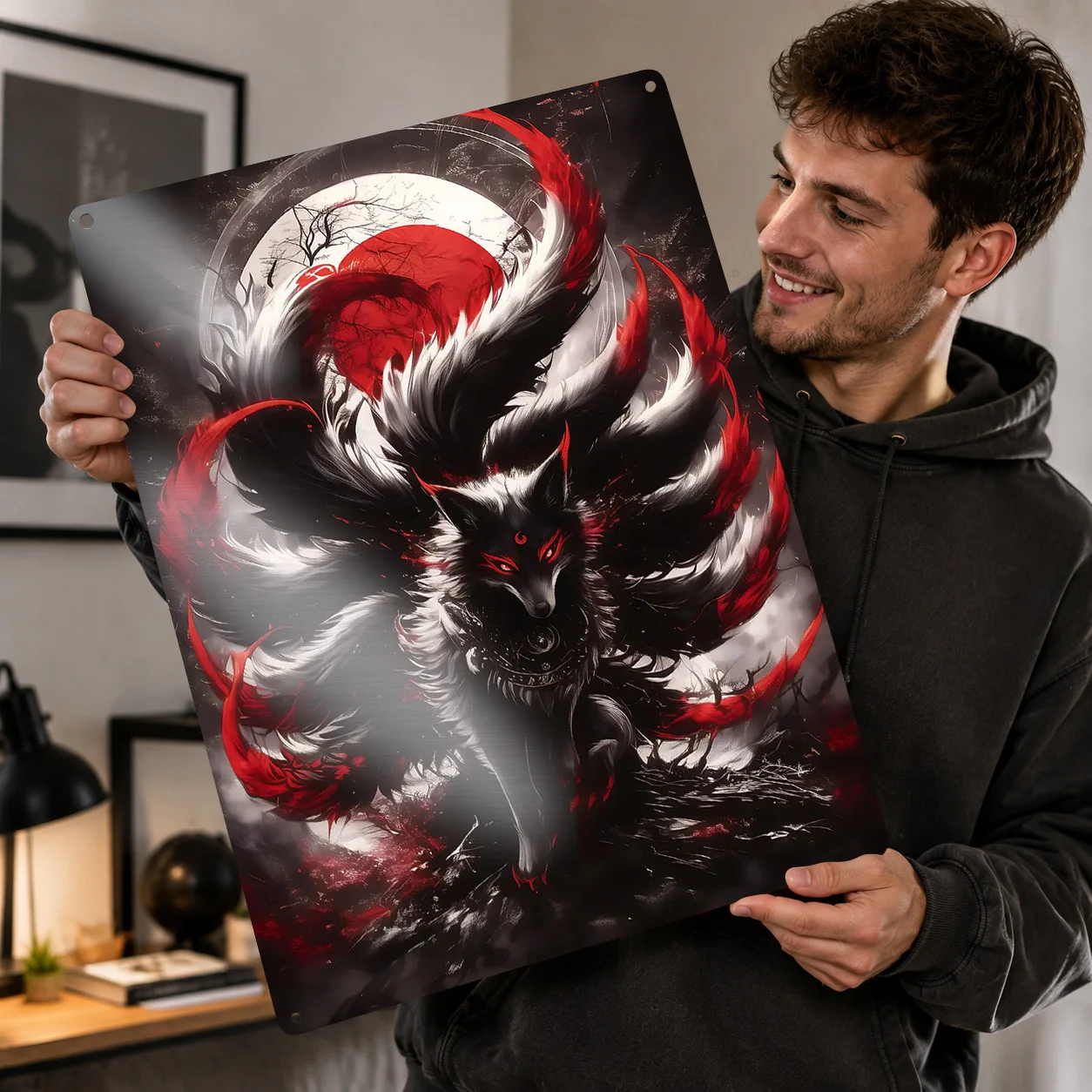 Black Red Kitsune Fox Metal Poster Perfect Gift for Fans Lovers Customized Wall Art Metal Sign for Decoration Bedroom Interior
