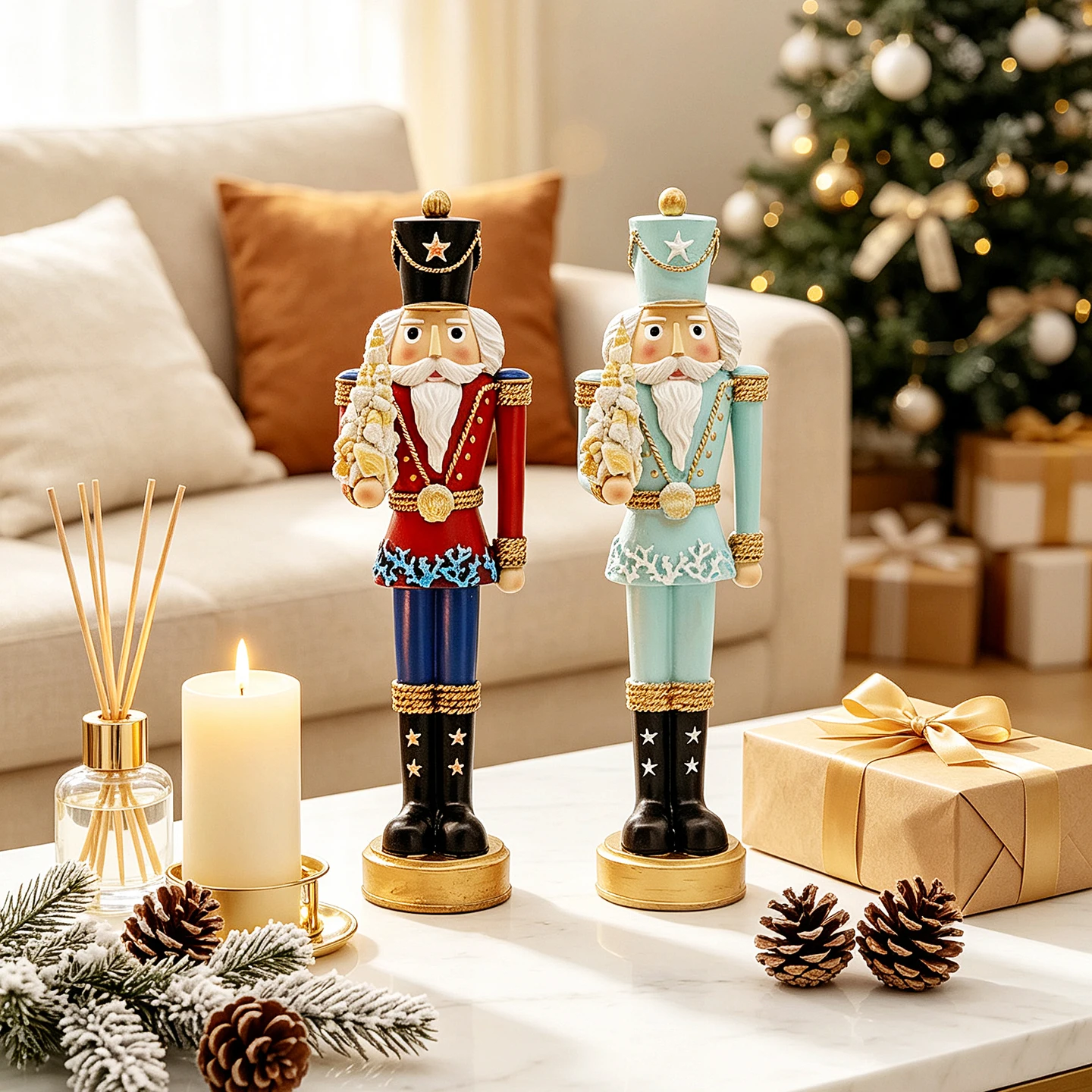 Coastal Nautical Nutcracker Soldier Figurine, Seashell Christmas Tabletop Mantel Holiday Decor Gift