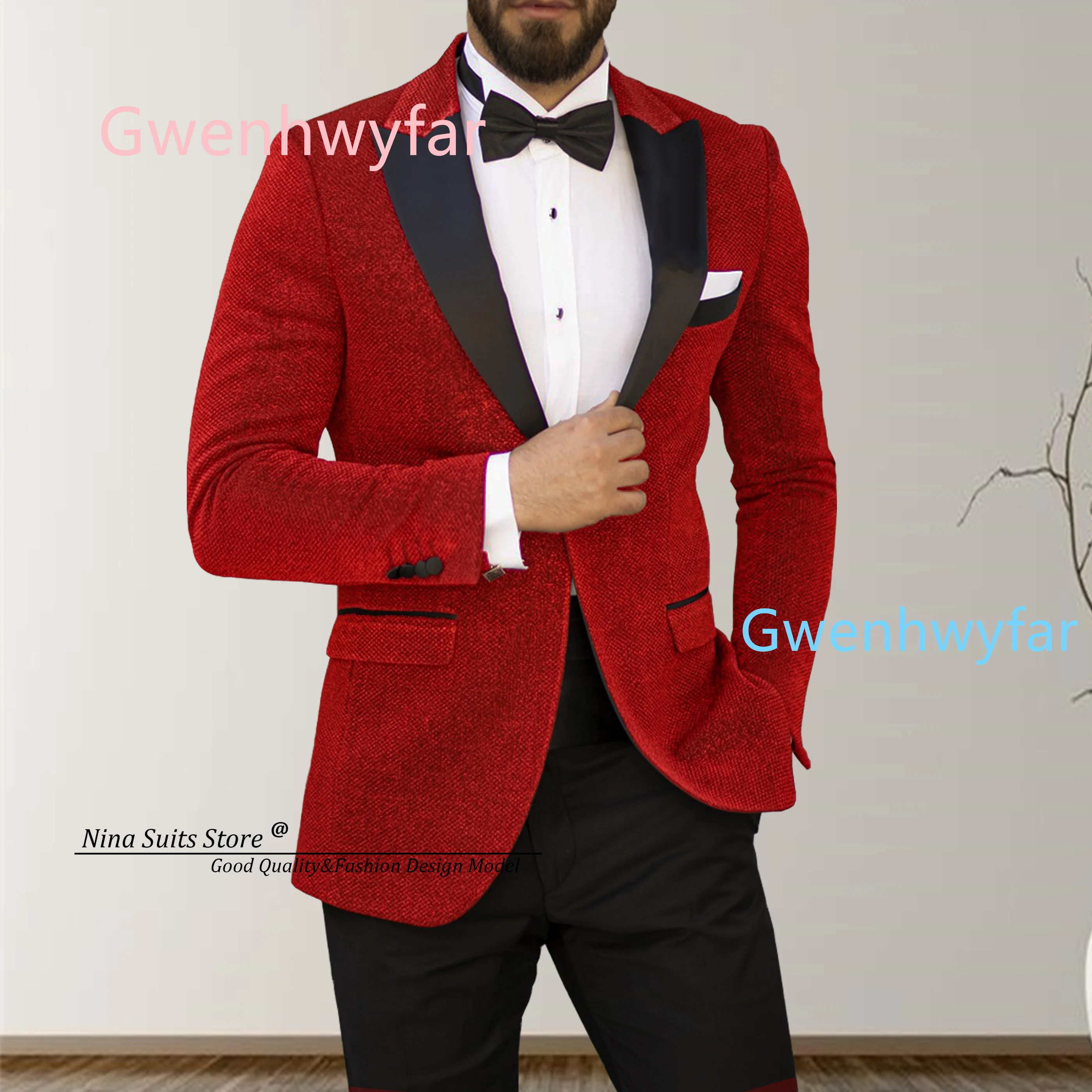 Nina Store Custom Made Party Men Suits Bling Bling Glitter Fabric Jacket in Red Pink Navy Gold Blue Green with Black Satin Lapel