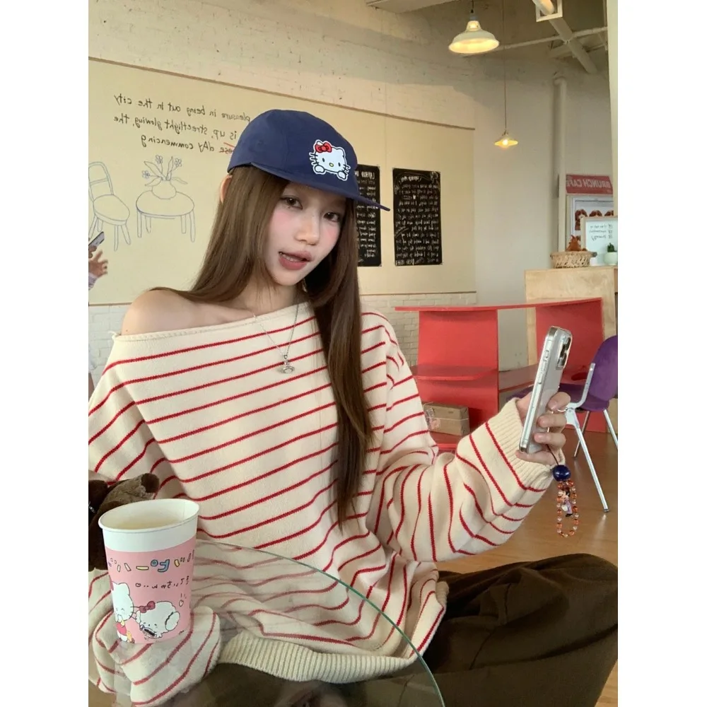 

Длинный вязаный свитер большого размера с наклонным воротником, женский зимний свитер 2025, новый повседневный свободный утягивающий топ на голову