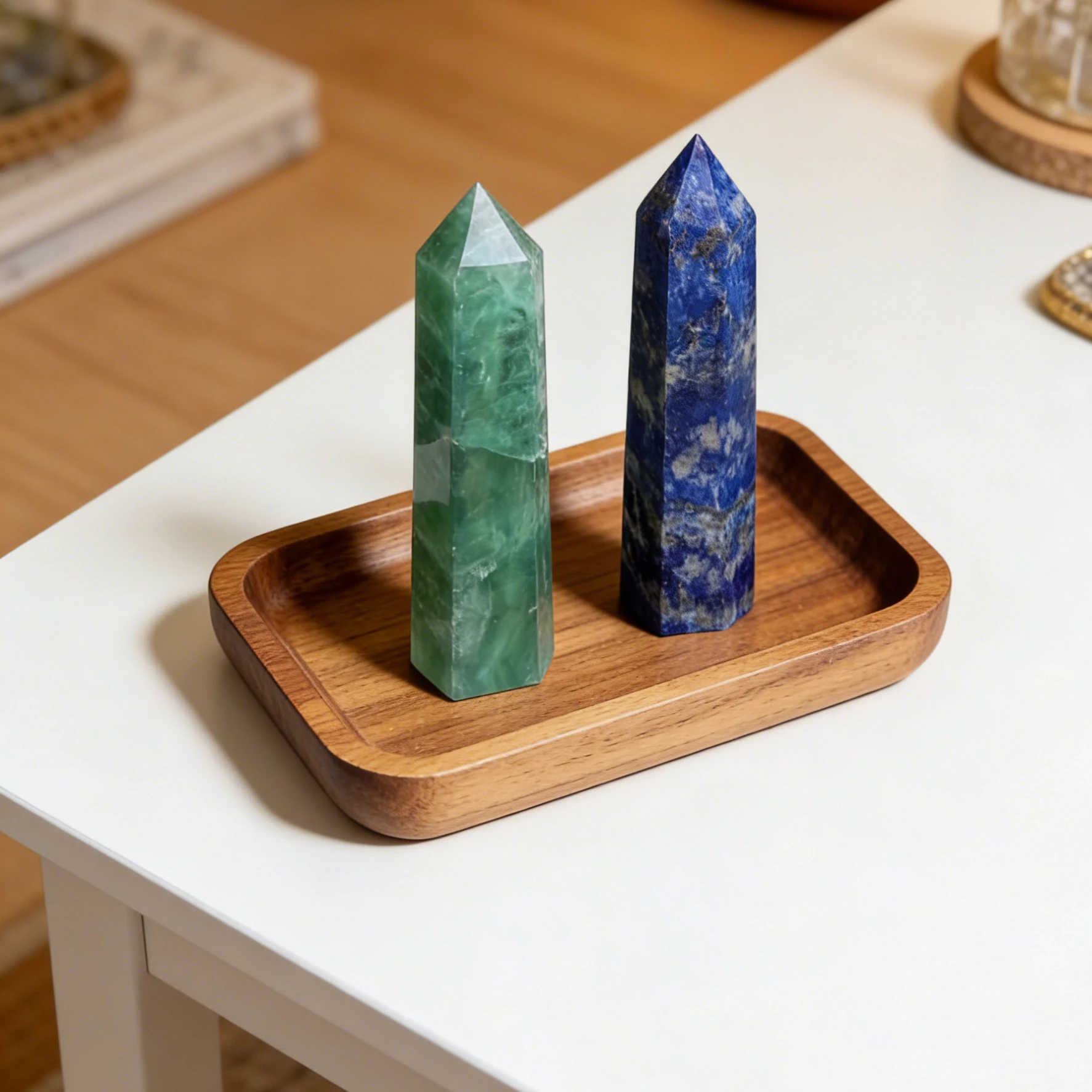 Natural Crystal Obelisk Tower Point Set 2Pcs 6 Faceted Wand 8-17cm Lapis Lazuli Green Fluorite Royal Blue Translucent Hand Polished Home Decor Desk Ornament Office Decor Room Decor Bedroom Decor Table Centerpiece Collectible