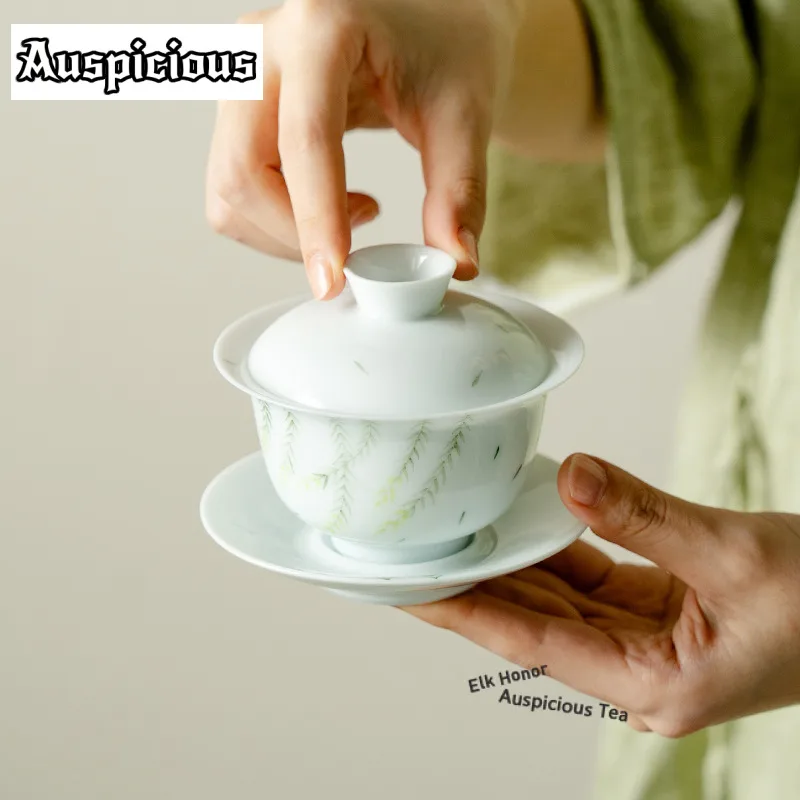 160ml Hand-painted Spring Willow Early Jade Gaiwan Japanese Tea Tureen Tea Bowl With Lid Kit Tea Brewing Cover Bowl Cha Teaset