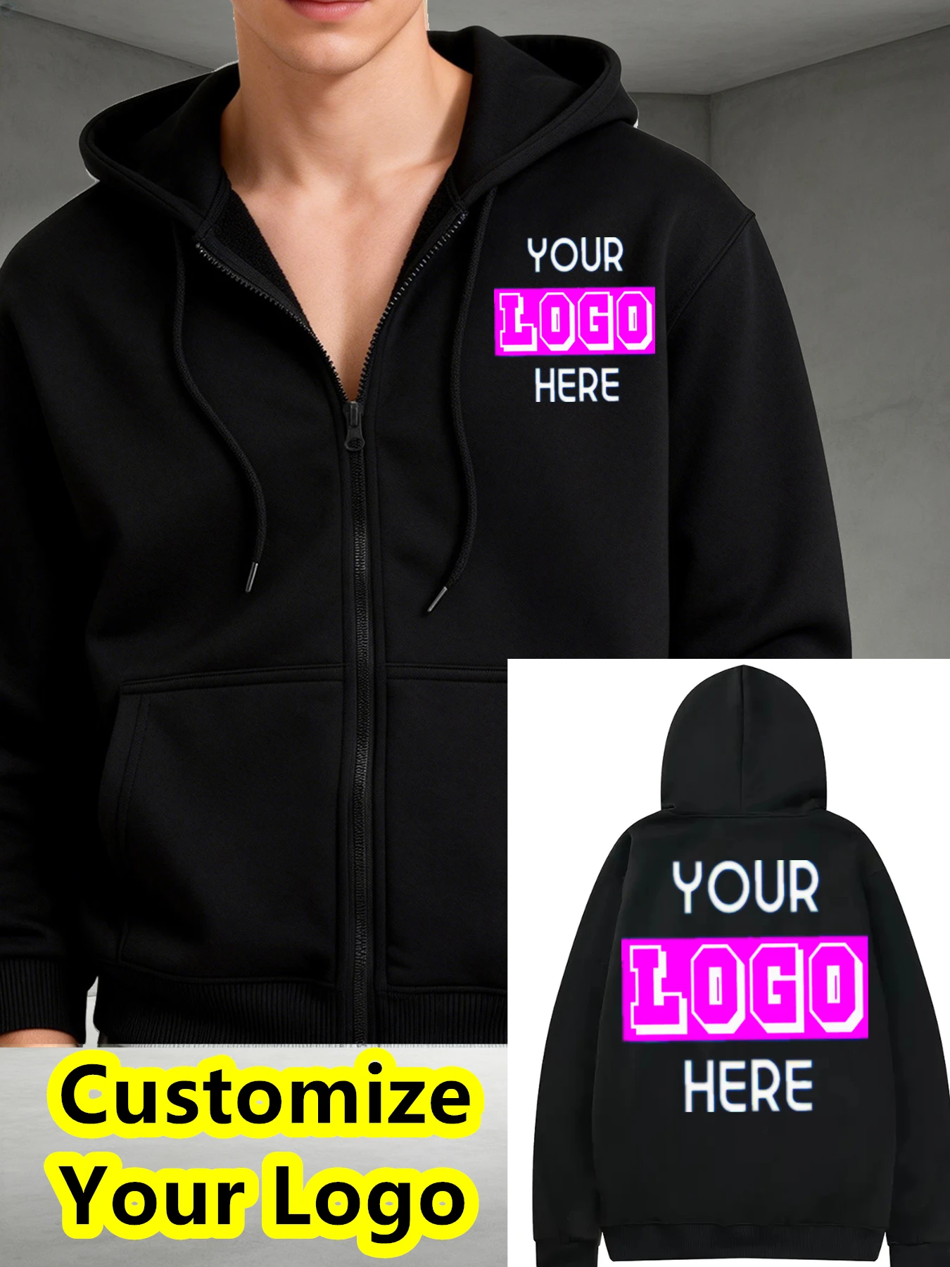 Customized products - High-quality men's clothing - Men's zipper sweatshirt - Hooded sweater, personalized zipper pocket pullove