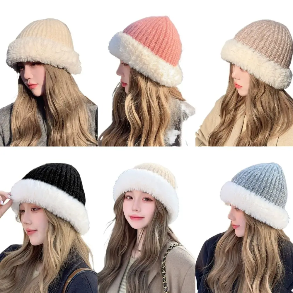 Fashion Versatile Bucket Hat Large Head Circumference Splicing Warm White Fisherman Hat Thickened Warm Knitted Wool Hat Head