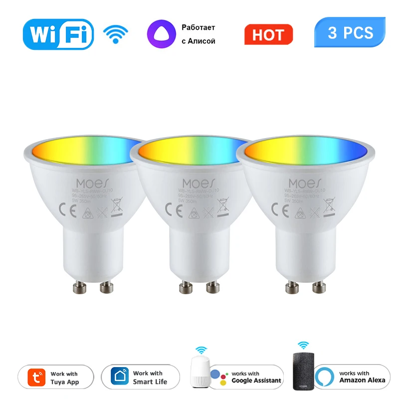 Tuya WiFi Smart LED Bulbs GU10 RGBW C+W 5W Dimmable Lamps Smart Life Voice Remote Control Work With Alexa Google Home Alice