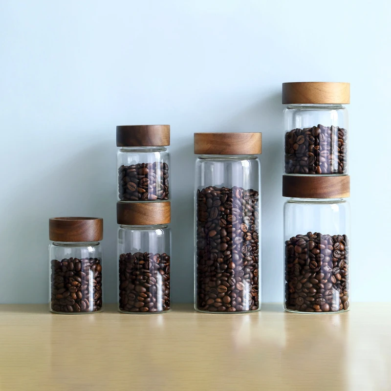 Glass Tube Coffee Beans Storage Container with Wooden Lid Sealed Canister Grain Storage Barista Tool Gift