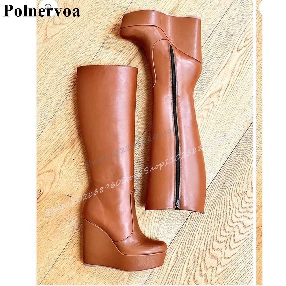 Slanke Kniehoge Grijze Lederen Platform Laarzen Wiggen Hoge Hak Casual Damesschoenen Zijrits Ronde Neus 2025, Zapatos Para Mujere