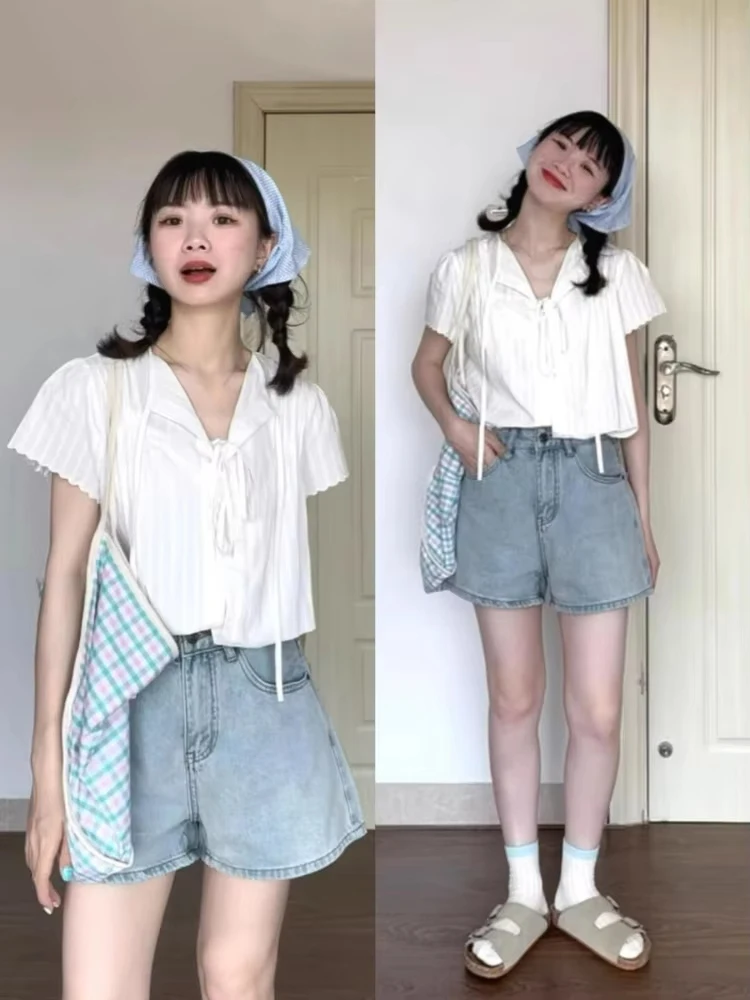 

Y2k Aesthetic Women Turn Down Collar Bandage Blouse Solid Casual Single Breasted Grunge Shirt Harajuku Loose Streetwear Blusas