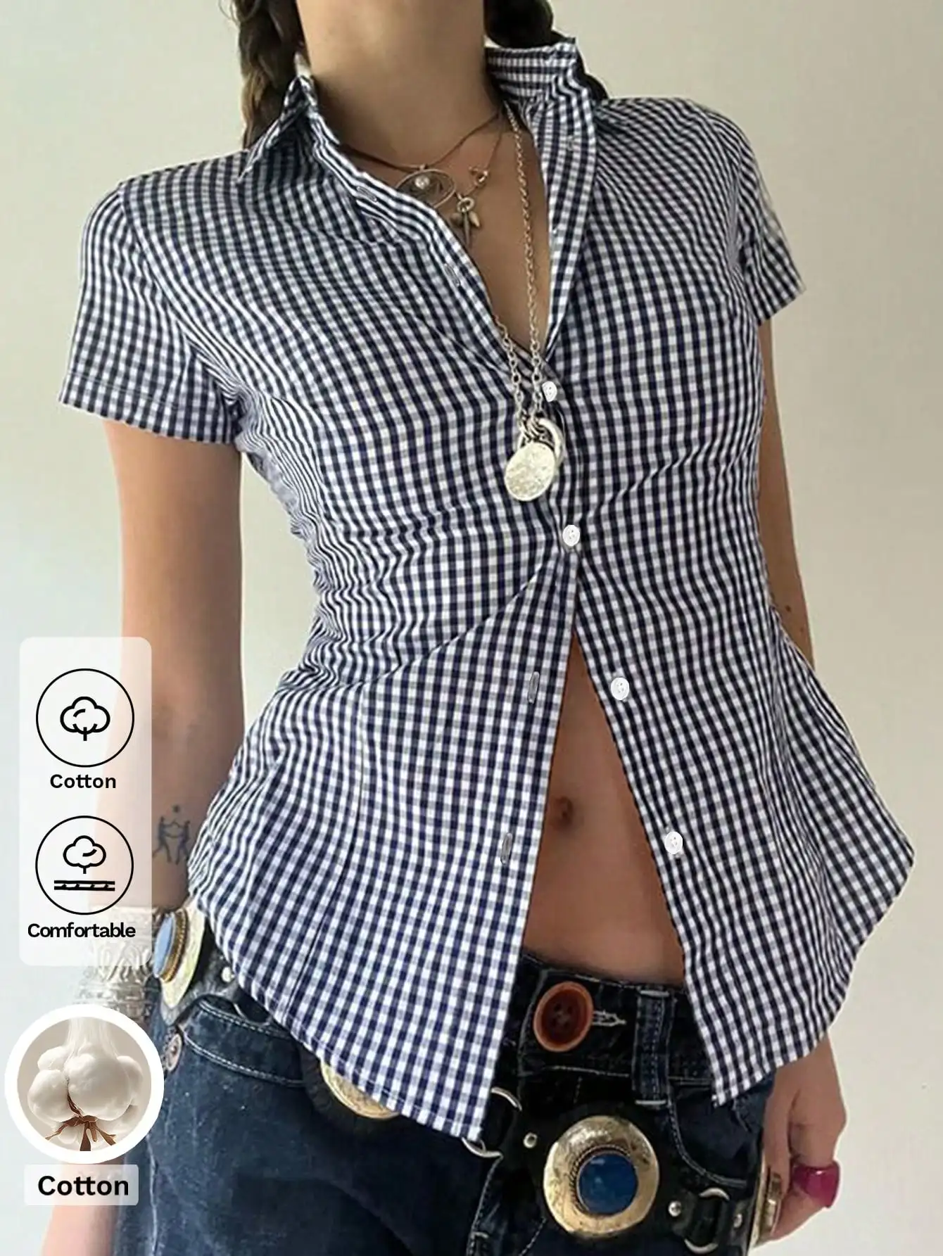 

Women's Blue Checkered Short Sleeve Button Down Shirt, Fitted College Style Top, Cotton Fabric