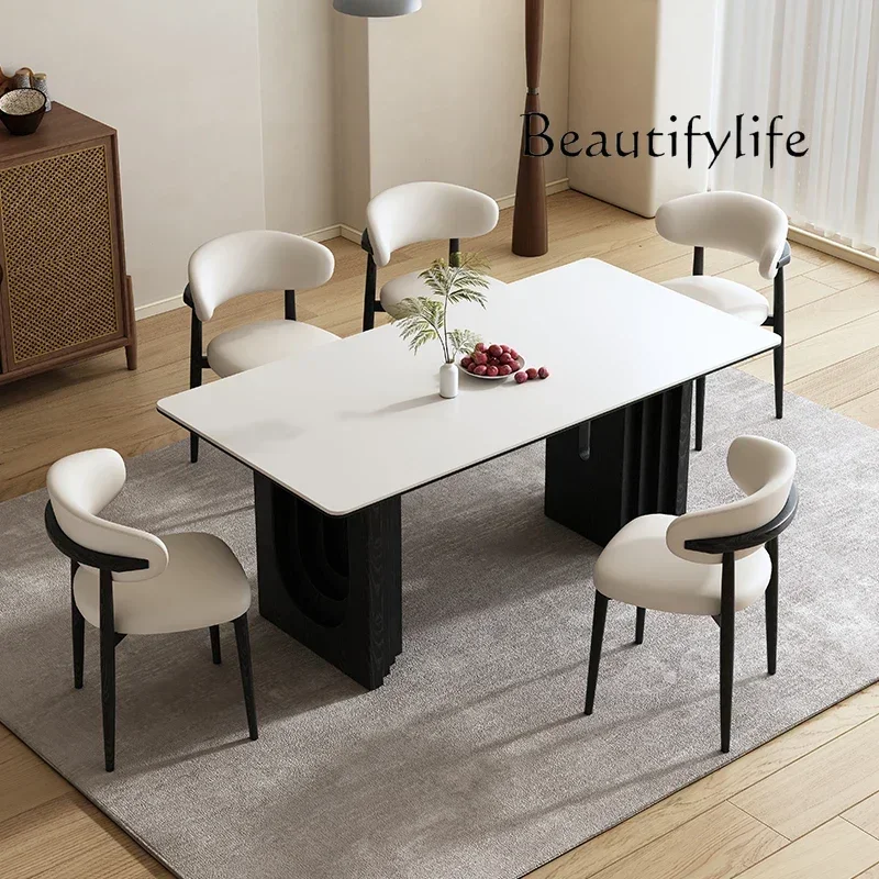 French retro rectangular rock slab dining table solid wood household small apartment simple pure white antique square table