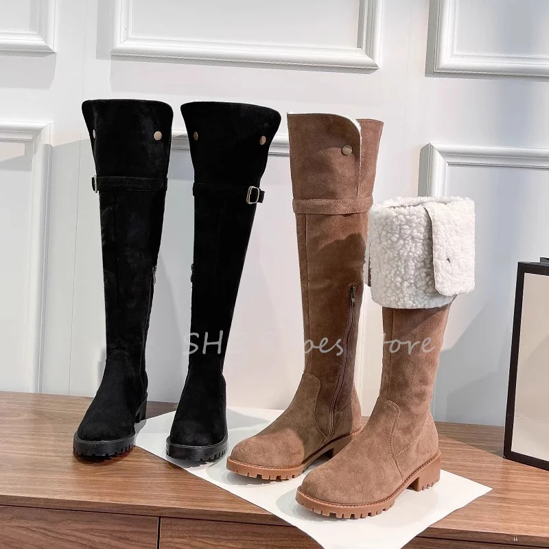 Fashion Turned-over Edge Snow Boots for Women Over the Knee Boots Winter Warm Pulsh Boots Ladies outside Anti-slip Zipper Boots