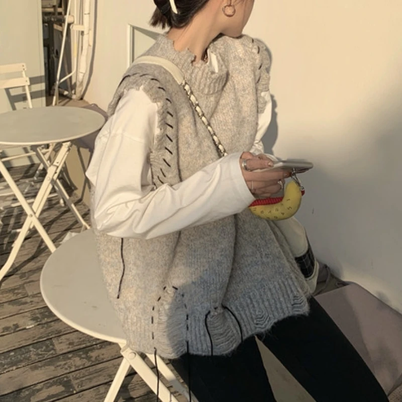 2 Pcs Sets Women Flare Sleeve Blouses Irregular Vintage Sweater Vest Aesthetic Autumn Casual Clothing Solid Kawaii Girl Ulzzang