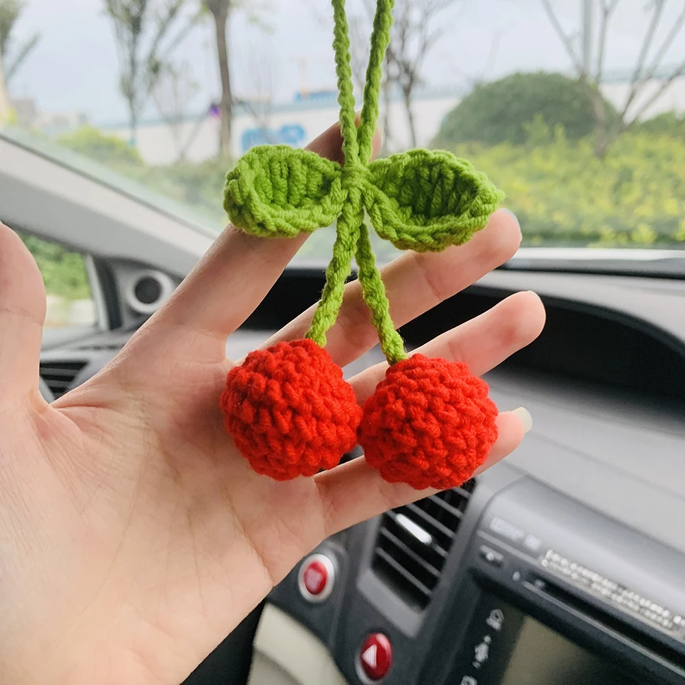 Cute Cherry Kawaii Flower Car Mirror Hanging Charm Fruit Decor Teens Interior Rear View Mirror car Accessories for Women
