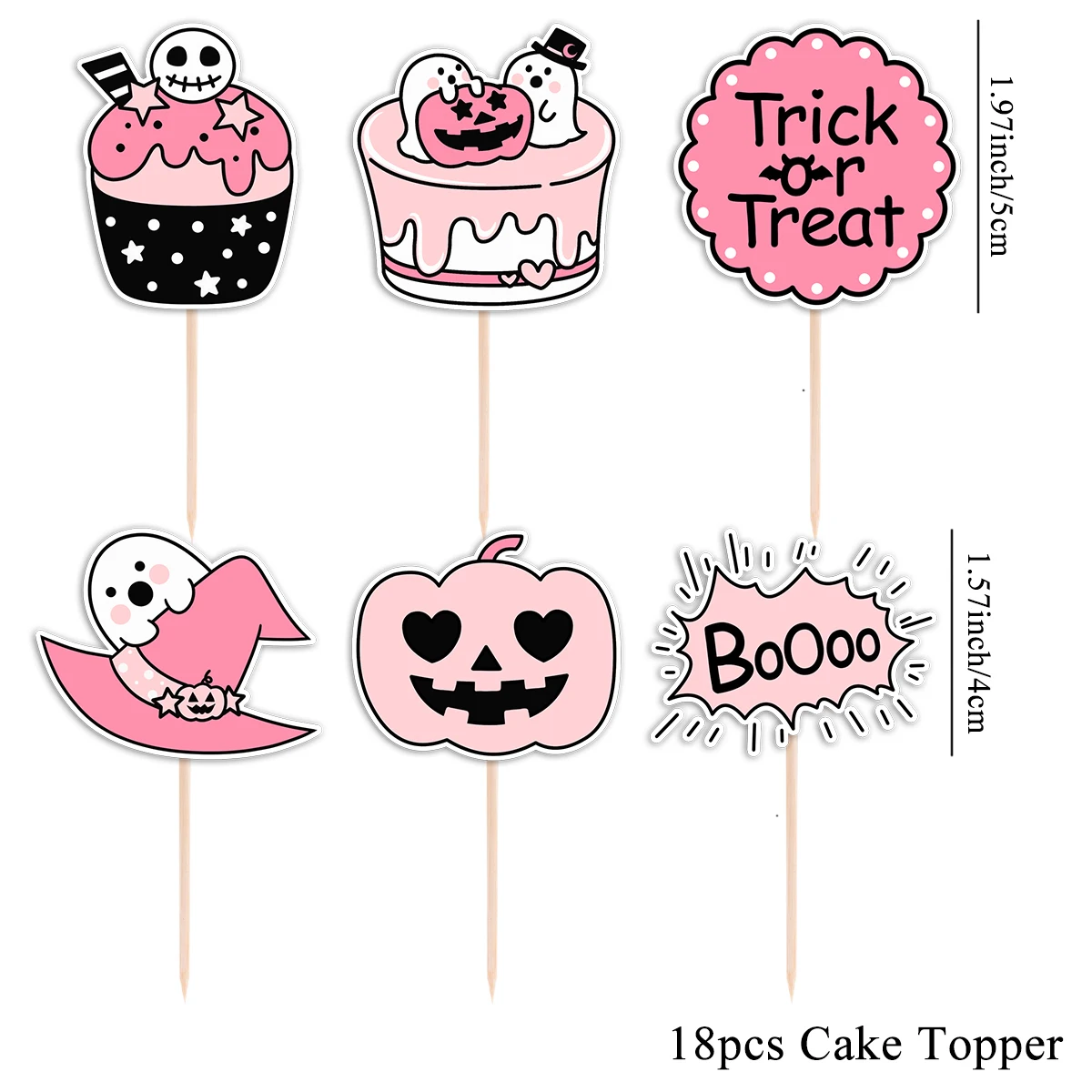 18pcs/set Cute Halloween Cake Toppers Pink Pumpkin Ghost Cupcake Topper Trick Or Treat Party Decoration Home DIY Supplies