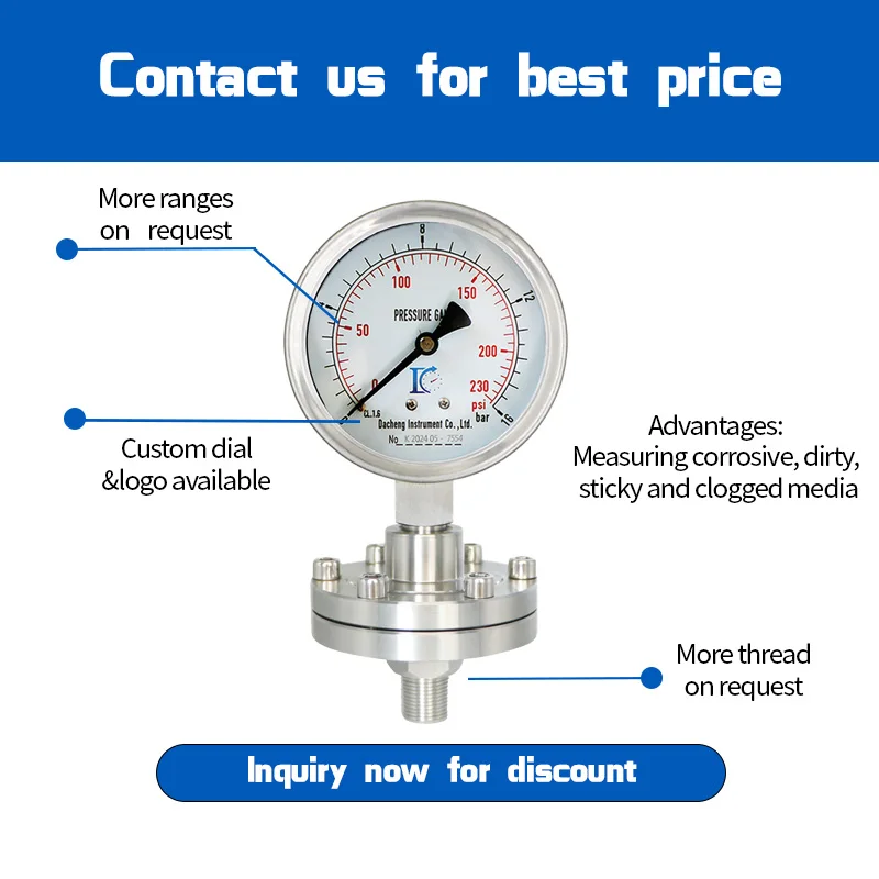 YTP-100F Factory Custom 100mm Diameter All-Stainless-Steel Clamp-Type Diaphragm Pressure Gauge 0~600Bar Anti-Corrosion 1
