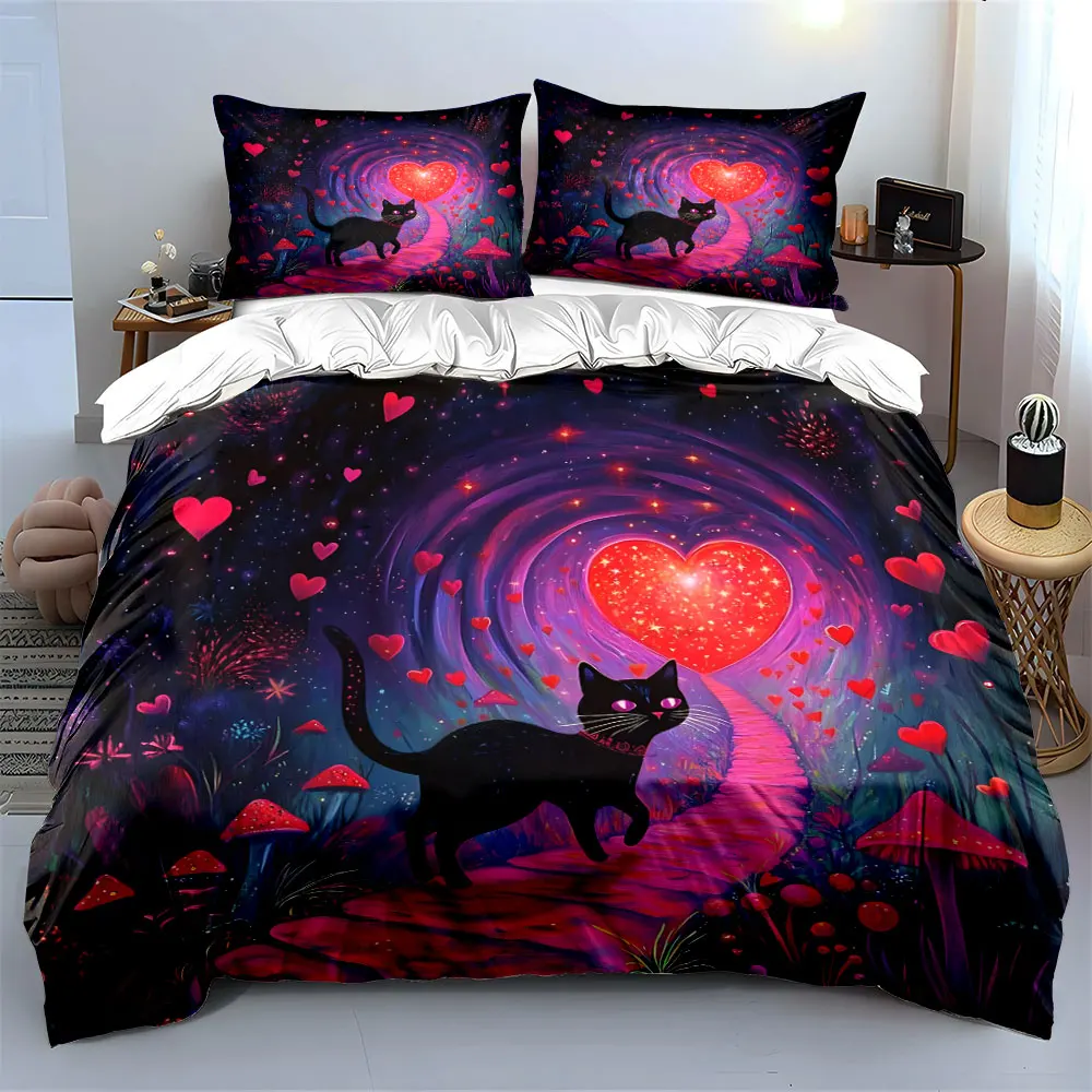 Dreamy cat walking on a magical heart path Print Bedding set 3PC 1 duvet cover 2 pillowcases adult and children bedding set