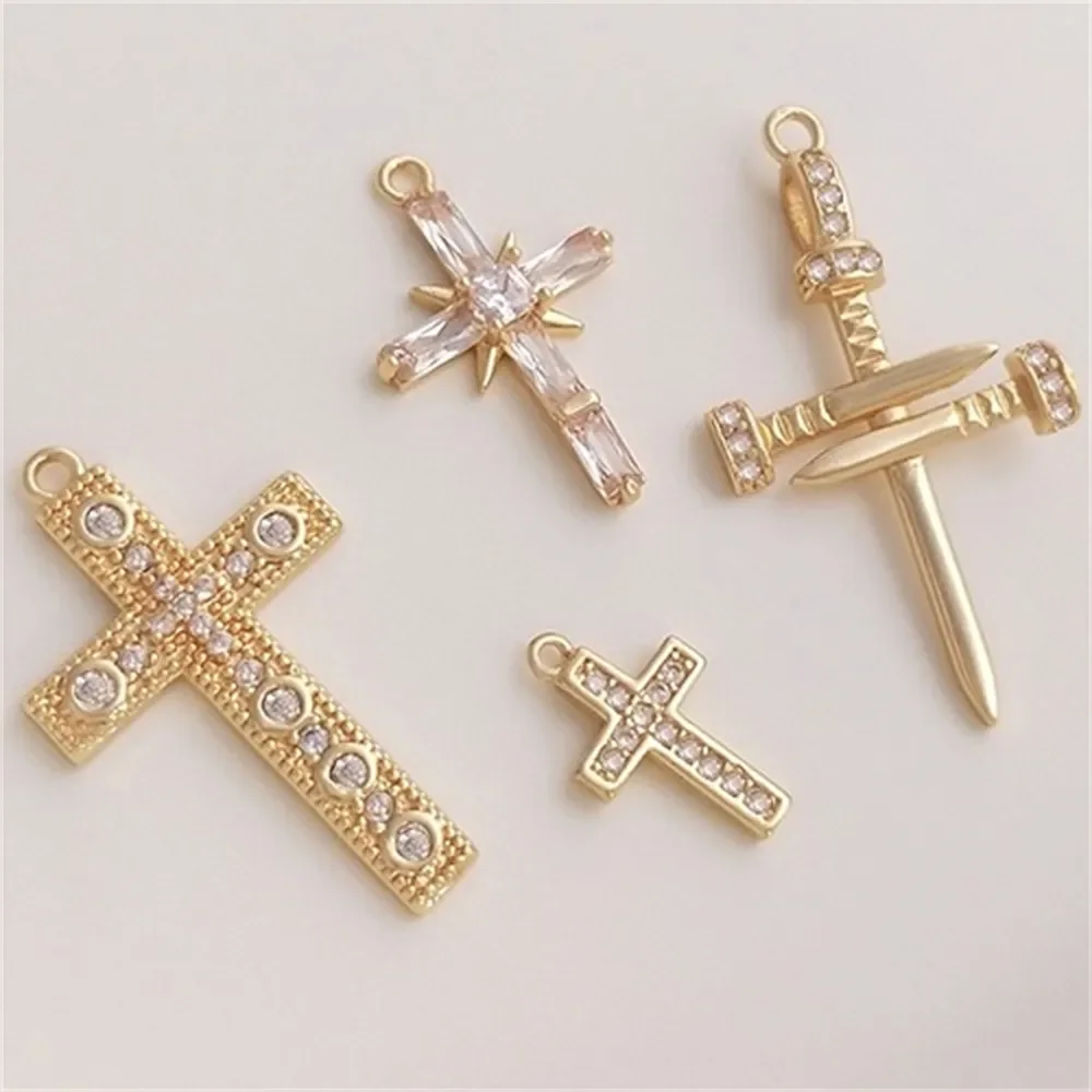 14K Gold Inlaid Zircon Cross Pendant, Handcrafted DIY Bracelet, Necklace, Ear Buckle Pendant, Pendant Accessories K254