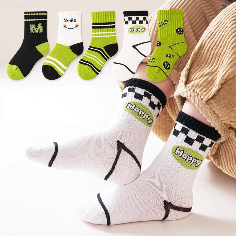 

5 Pairs/lot 2023 Autumn New Children's Socks Korean Fashion Green Letter Boy Socks Combe Cotton Cute Baby Girl Socks Kids Socks