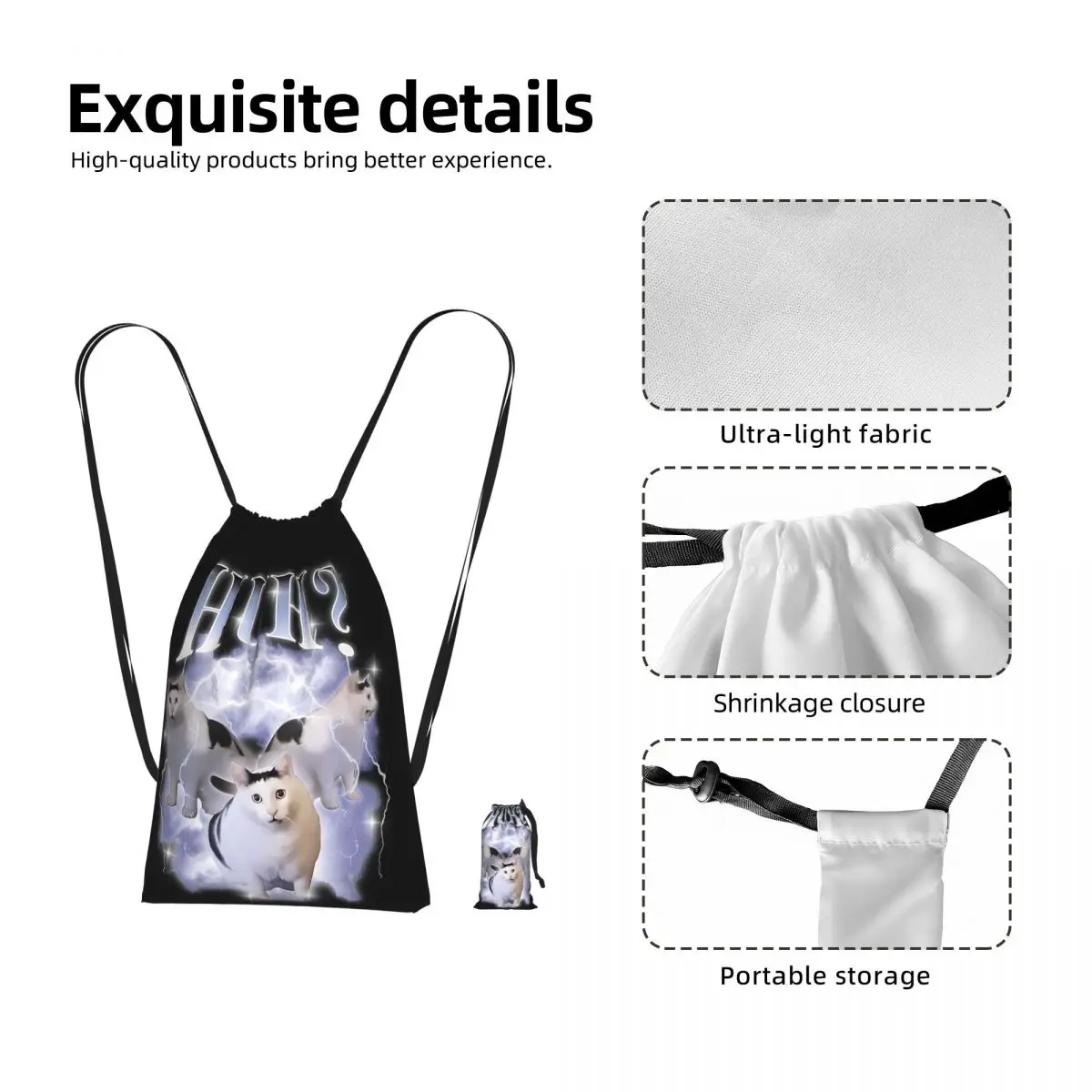 Huh Cat Chonky Ben Meme Bootleg Rap 90S Vintage Graphic Drawstring Backpack hiking cycling Bag Foldable Storage Drawstring Bag