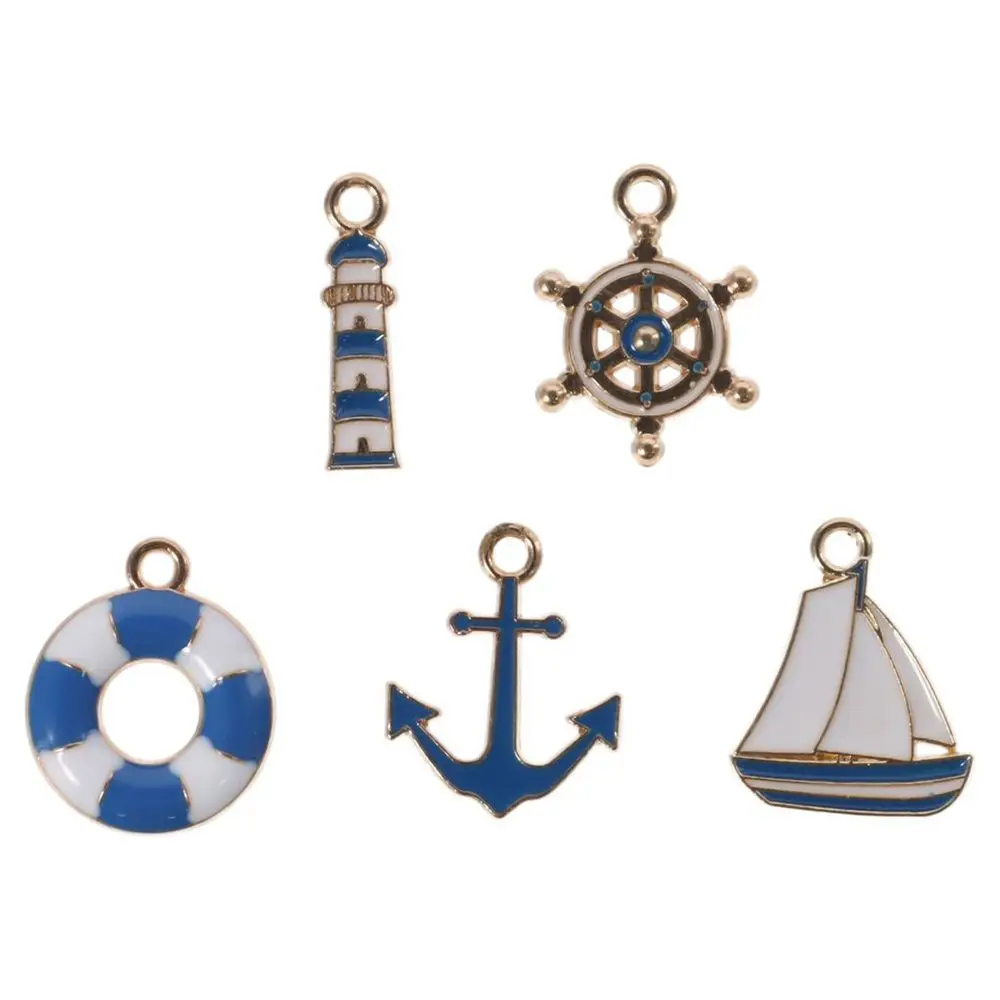50pcs Alloy Nautical Collection Charms Lighthouse, Lifebuoy, Rudder, Anchor and Sailboat about 18mm in Length Alloy Anchor Charm