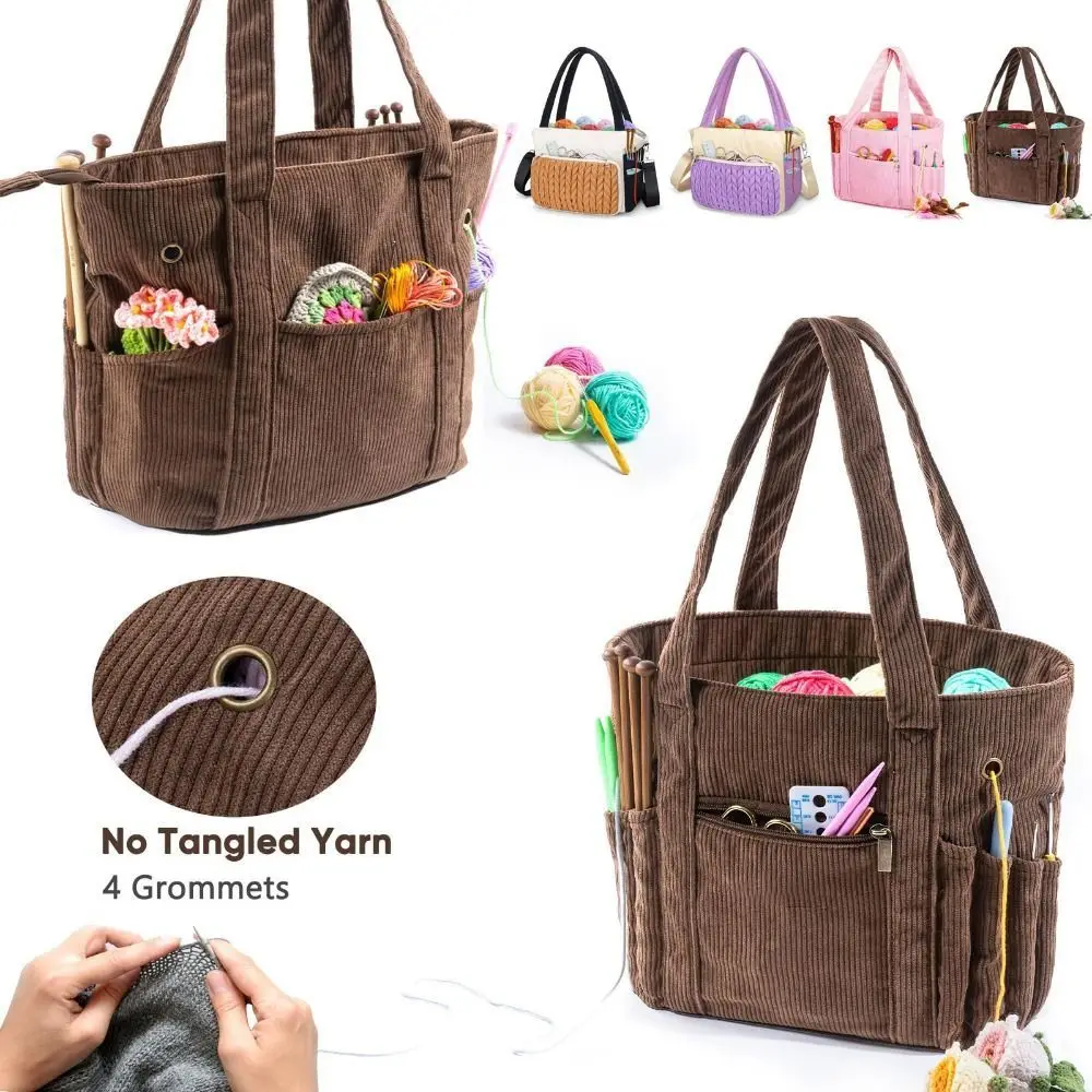 Large Capacity Crochet Yarn Storage Bag Multiple Pockets Corduroy Material Crochet Bag Tote Washable Craft Storage Shoulder Bag