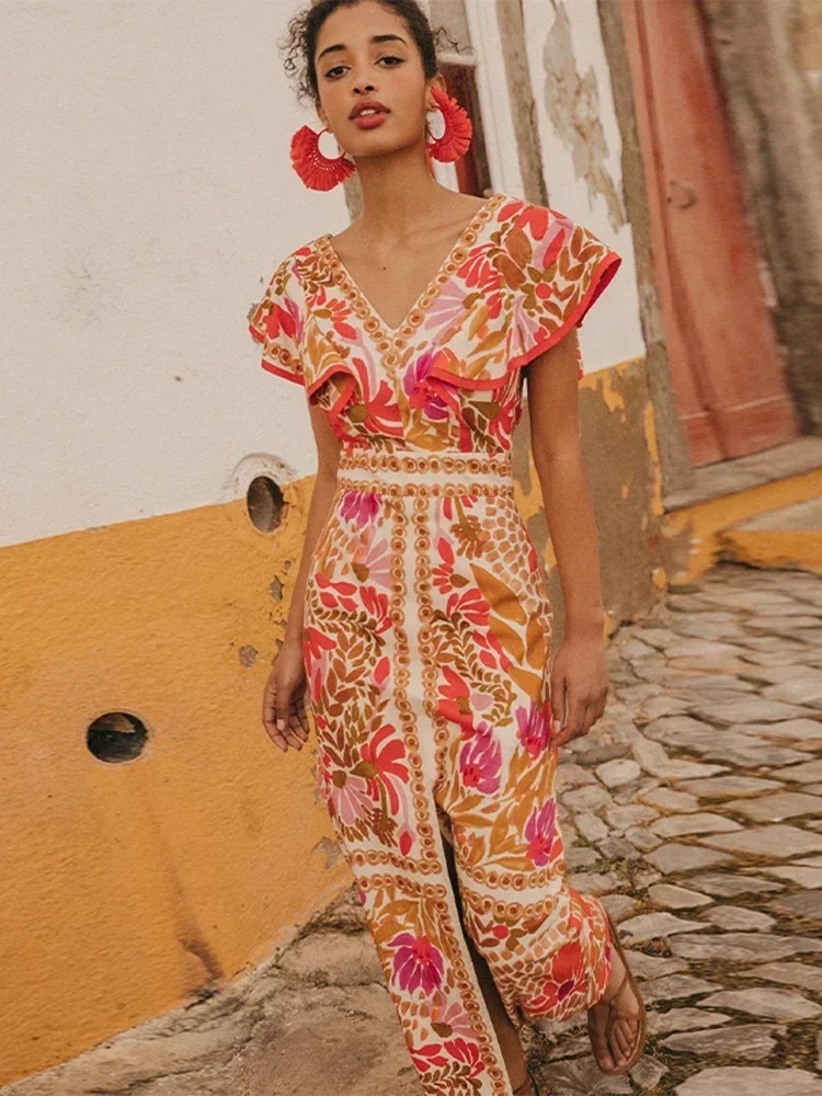 BWQ Sexy Flying Sleeves Print Dress Women Elegant Loose V Neck Split Dresses 2026 Spring Summer Chic Female High Street Vestidos