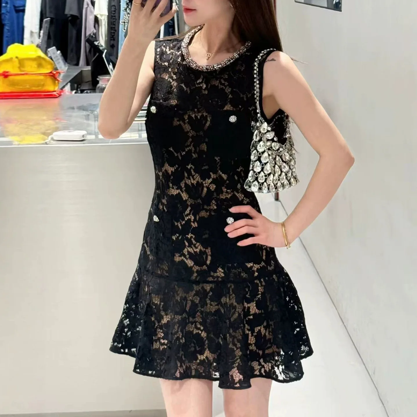 Women Elegant Solid Sleeveless Lace Mini Dress O-neck Diamond Inlaid Sleeveless A-line Vestidos Y2k Streetwear Summer Fashion