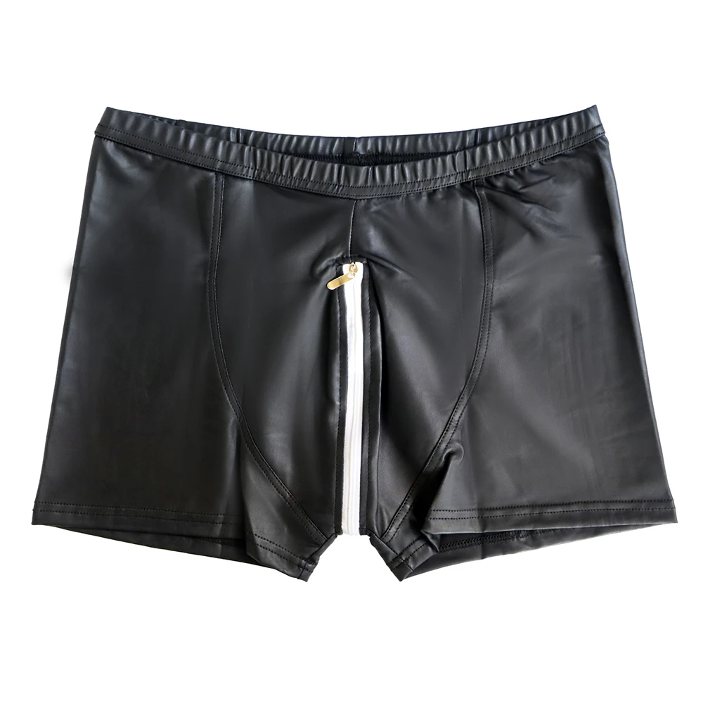 

Stylish Men's Black Faux Leather Boxer Shorts Stretchy Club Rave Boxers for Men Elastic Waistband Zipper Crotch Underwear Shorts